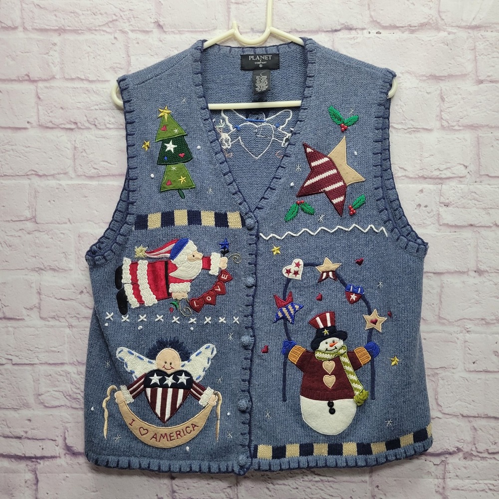 Planet & Company Ugly Christmas Sweater Vest Womens L Holiday Embroidered‎ Party